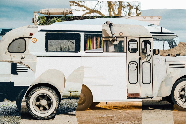 Photo collage of a fantasy school bus.